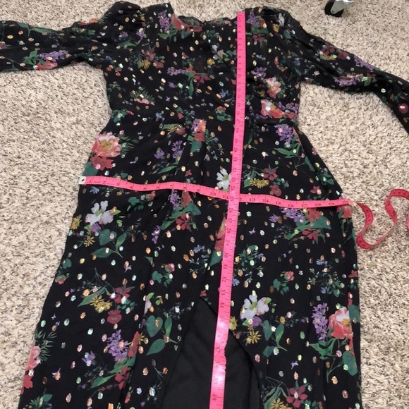 AMUR Sabine Midi Dress Size 10 Black Metallic Floral Print Puff Sleeve Draped - Picture 12 of 14